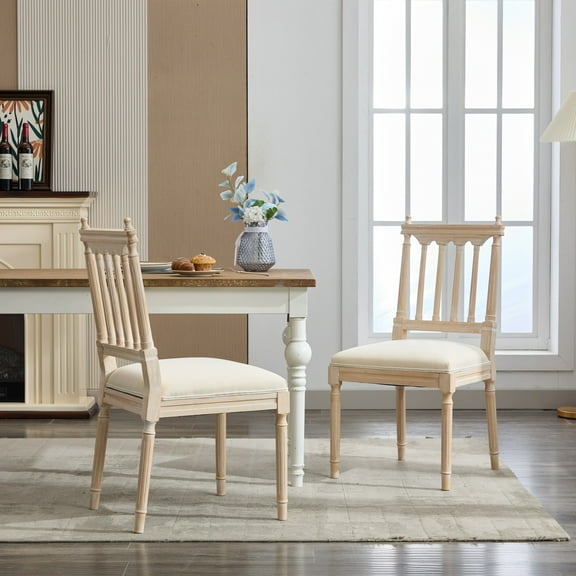 AENKYO 2-Piece Farmhouse Dining Chairs, Upholstered Seat for Kitchen & Dining Room, Natural Oak Wood & Cream Linen