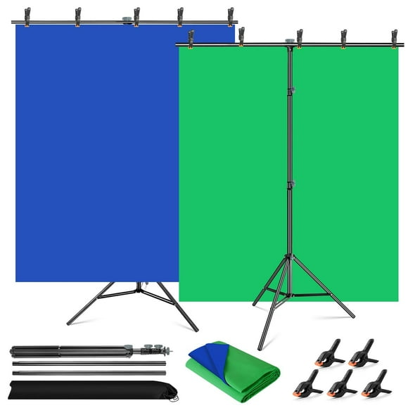 Fond d'Écran Vert Bleu avec Support 5x6.5ft Petit Fond de Zoom Vert avec Support pour Streaming Fond d'Écran Portable Bleu Vert pour Photographie avec Kit de Support