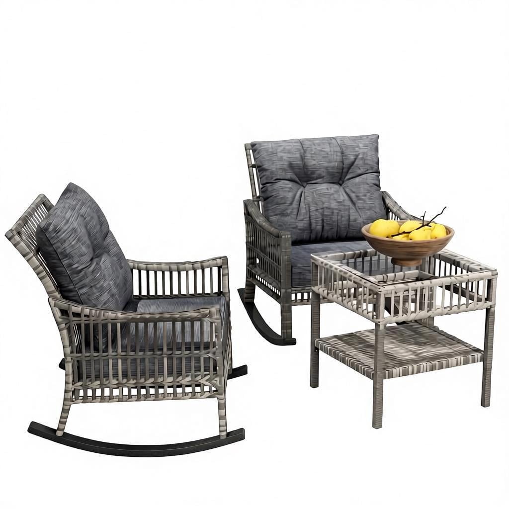 3-Piece Wicker Patio Furniture Set with Tempered Glass Coffee Table,Weatherproof PE Rattan,Cushions Rocking Chair,Outdoor Conversation Furniture for Backyard,Porch & Balcony