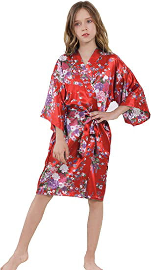 Short MORFORU Girls Kids Floral Silky Satin Kimono Robe Sleepwear for Wedding Spa Party 