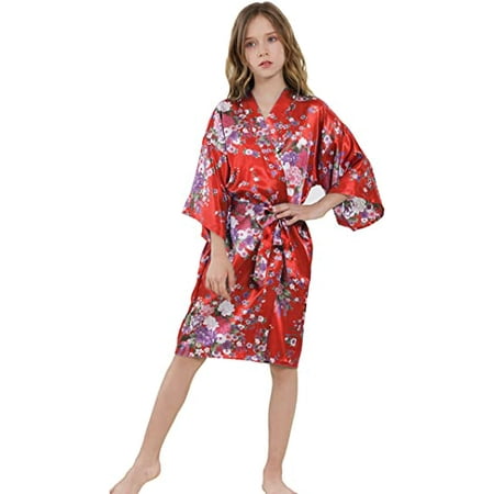 Girls Kids Daffodils Silky Satin Kimono Robe for Wedding Spa Party ...