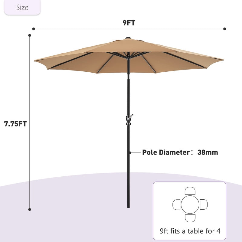 Gianna 9FT Outdoor Patio Umbrella Market Table Polyester Fabric Canopy with Push Button Tilt & Crank Iron Frame 8 Ribs UV Protection Waterproof