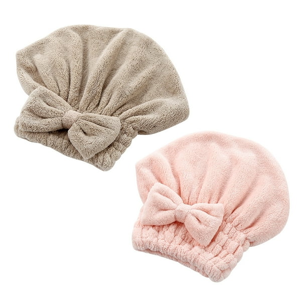 GOOHOCHY 2pcs Coral Fleece Drying Caps Absorción de agua Bowknot Gorro de ducha Secado de cabello Turbante (rosa y café)