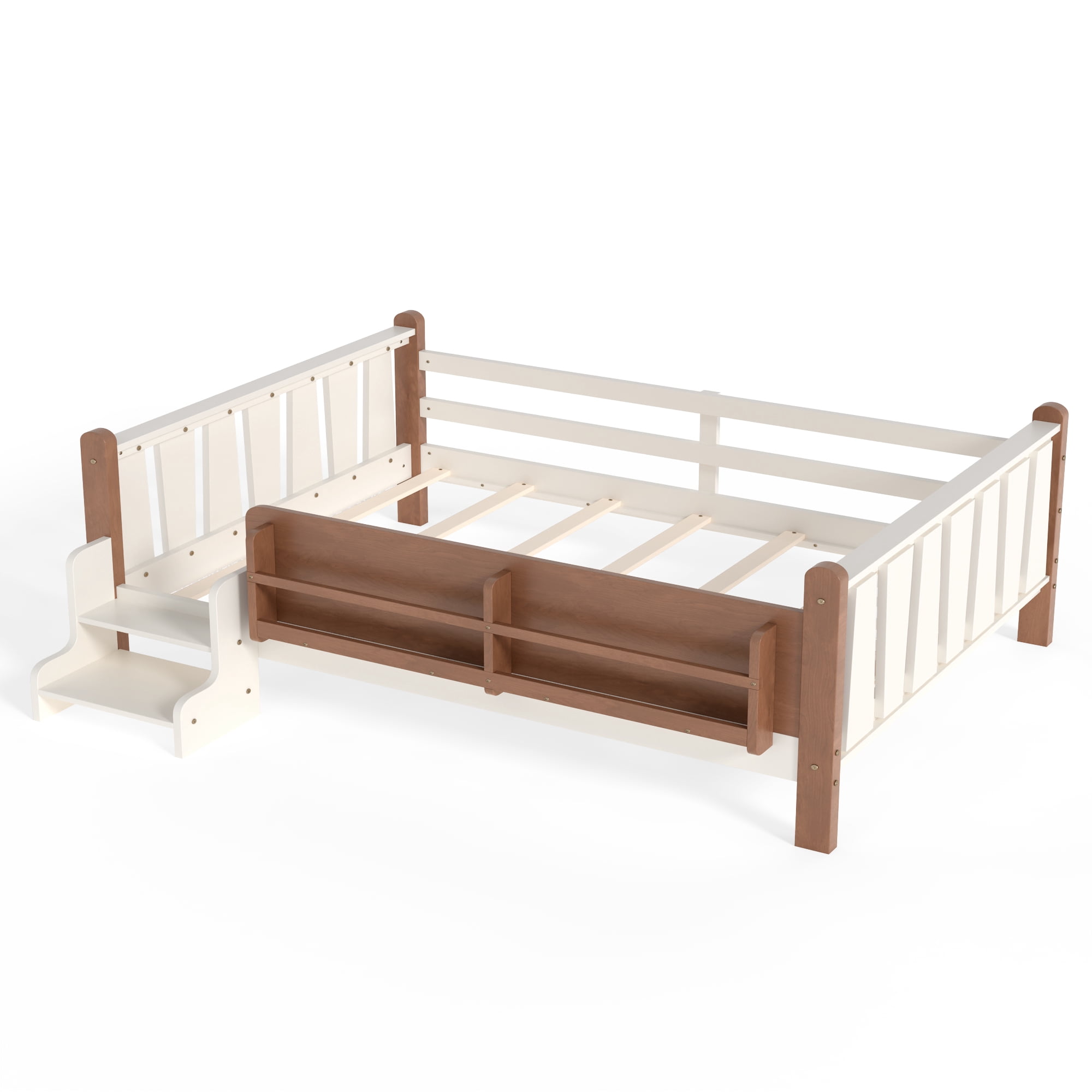 Miniyam Full Size Kids Floor Bed with Guardrails and Bookshelves, Pine Wood & MDF Frame, Easy Access Step Ladder, Beige