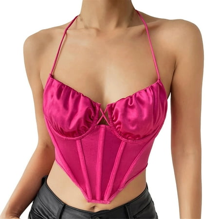 

BIZIZA Sexy Bra for Women Crop Top Strappy Vest Mesh Halter Hot Pink S