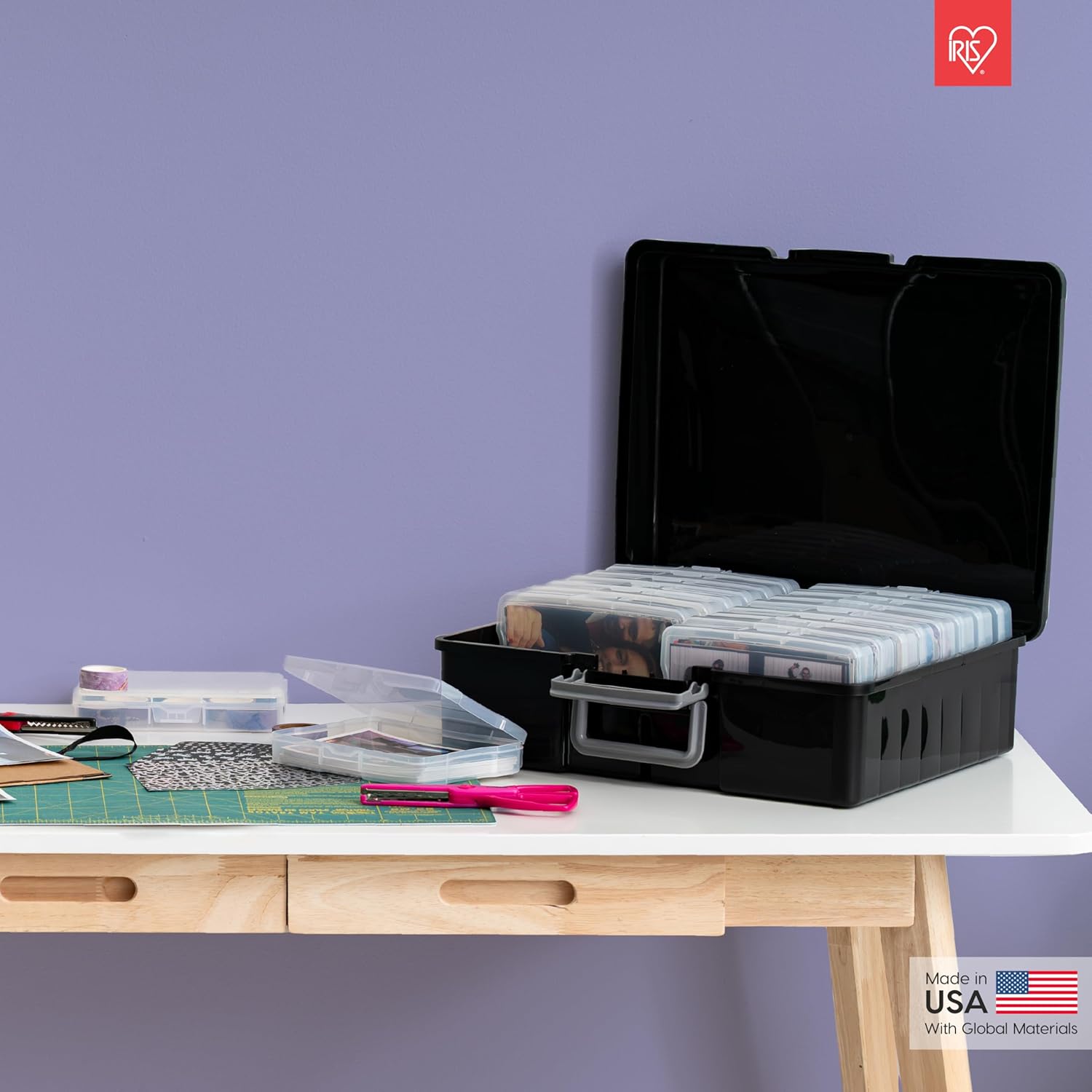 IRIS Photo Storage Case with 16 Inner 4" x 6" Picture Holders, Black, Opaque Organizer with Handle for Photos