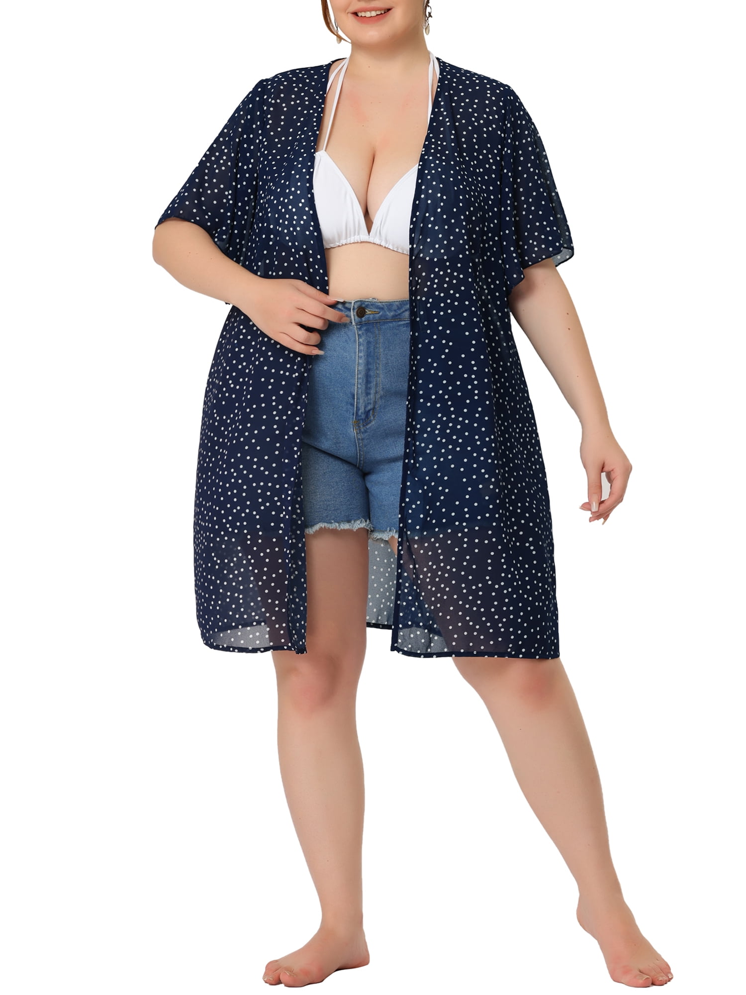 Unique Bargains Women's Plus Size Polka Dots Bell Sleeve Chiffon Summer Cardigans 1X Dark Blue