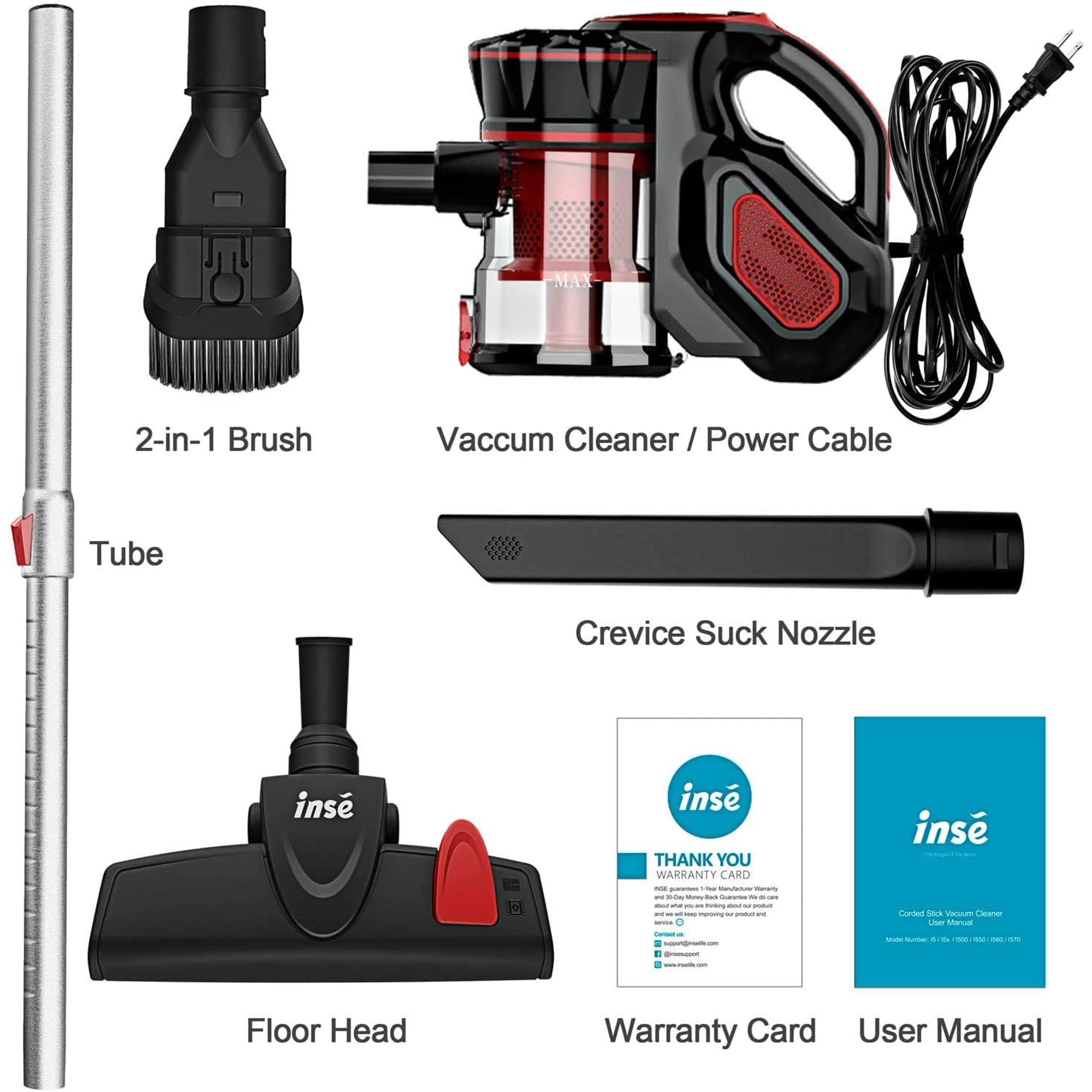 Corded Vacuum Cleaner, INSE Stick Vacuum Cleaner 18KPA Powerful Suction with 600W Motor, 3 in 1 Handheld Vacuum for Pet Hair Hard Floor Home - Red - 3