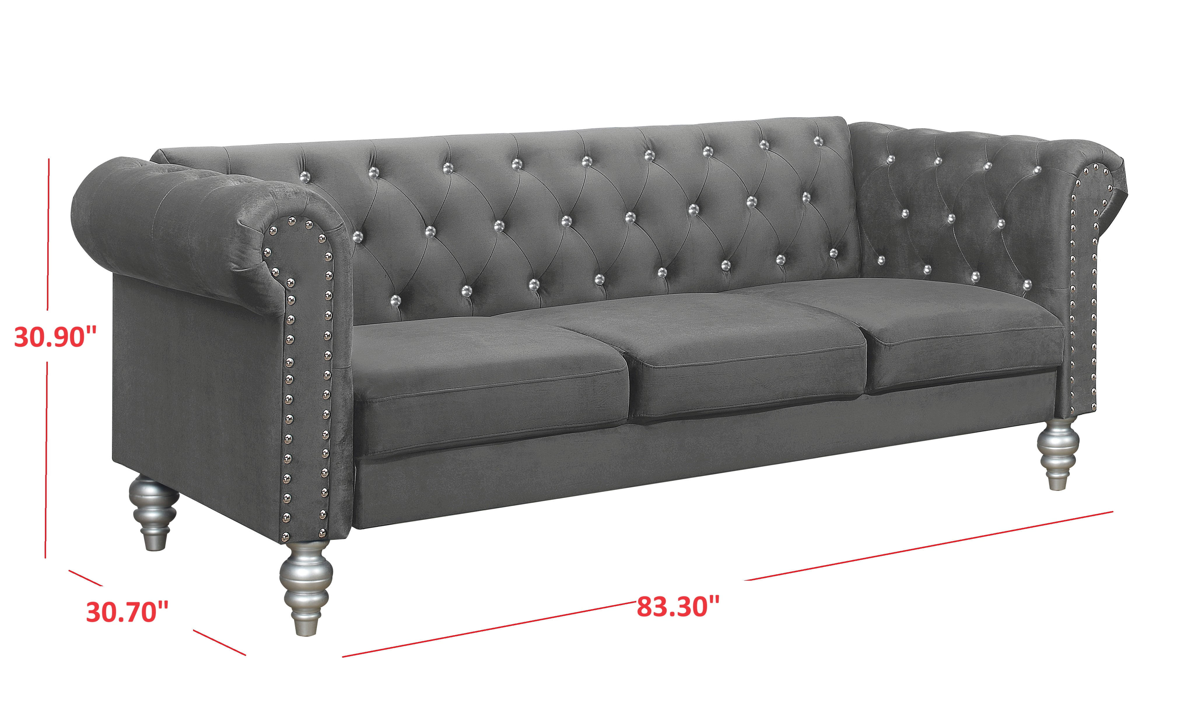 Home Design Emma Contemporary Velvet Rolled Arm Chesterfield Sofa with Diamond Button Tufted Back and Nailhead Trim, Wood-Turned Legs, Modern Luxury, Gray