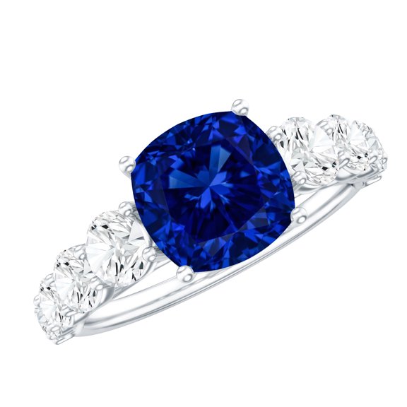 Rosec Jewels Lab Created Blue Sapphire Cushion Cut Engagement Ring with Side Stones (2.75 Carat, AAAA Quality) - with Jewelry Box, 925 Sterling Silver, US 4.00