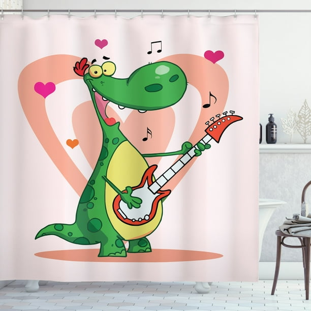 Guitar Shower Curtain Cartoon Style Happy Dinosaur Playing An Instrument Romantic Hearts On The Back Fabric Bathroom Set With Hooks 69w X 84l Inches Extra Long Rose Multicolor By Ambesonne Com Guitar Shower Curtain Cartoon Style, Guitar Shower Curtain