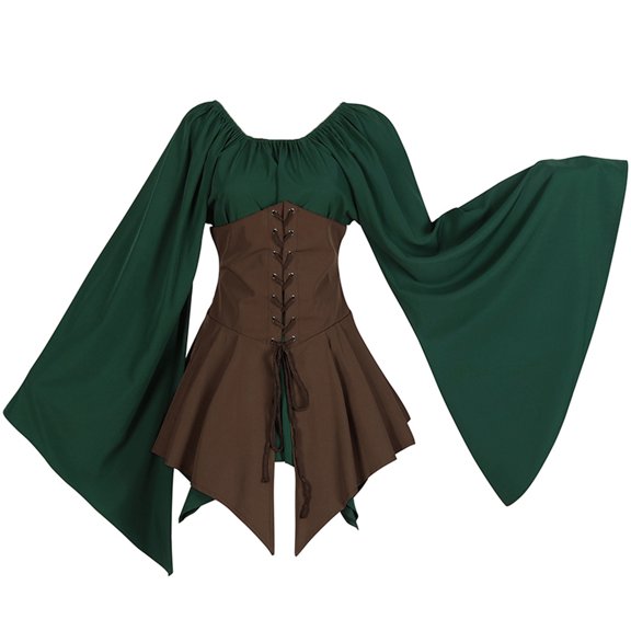 DailyTrove Women's Medieval Green & Black Paneled Maxi Dress - Polyester Vintage Festival Gown, for Theme Events for women