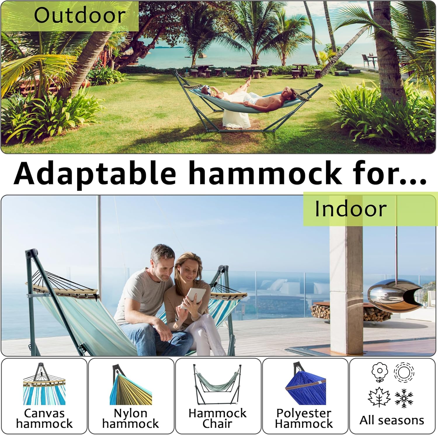 Tranquillo Universal Hammock with Stands Electro Static Coated Steel, Adjustable Foldable Hammock Stand with 2 Layered Polyester Net and Carry Bag for 2 Persons. Canvas - Blue Leaf