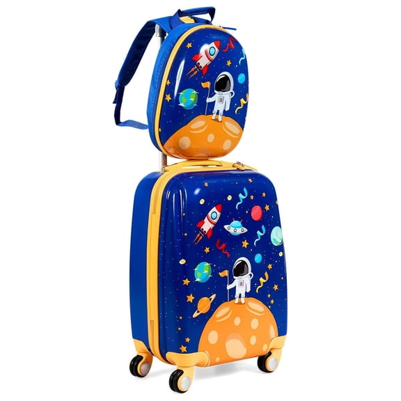 2Pc Kid Carry On Luggage Set, 12" & 18" Kids Suitcase with 4 Spinner Wheels, Travel Rolling Trolley