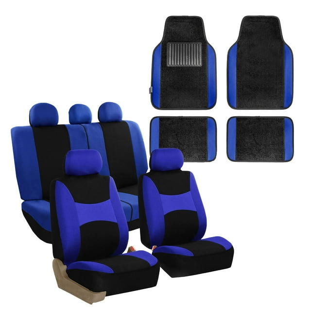 FH Group Car Seat Covers Light & Breezy Flat Cloth, Full Set w/ Carpet Floor Mats With Colored Trim