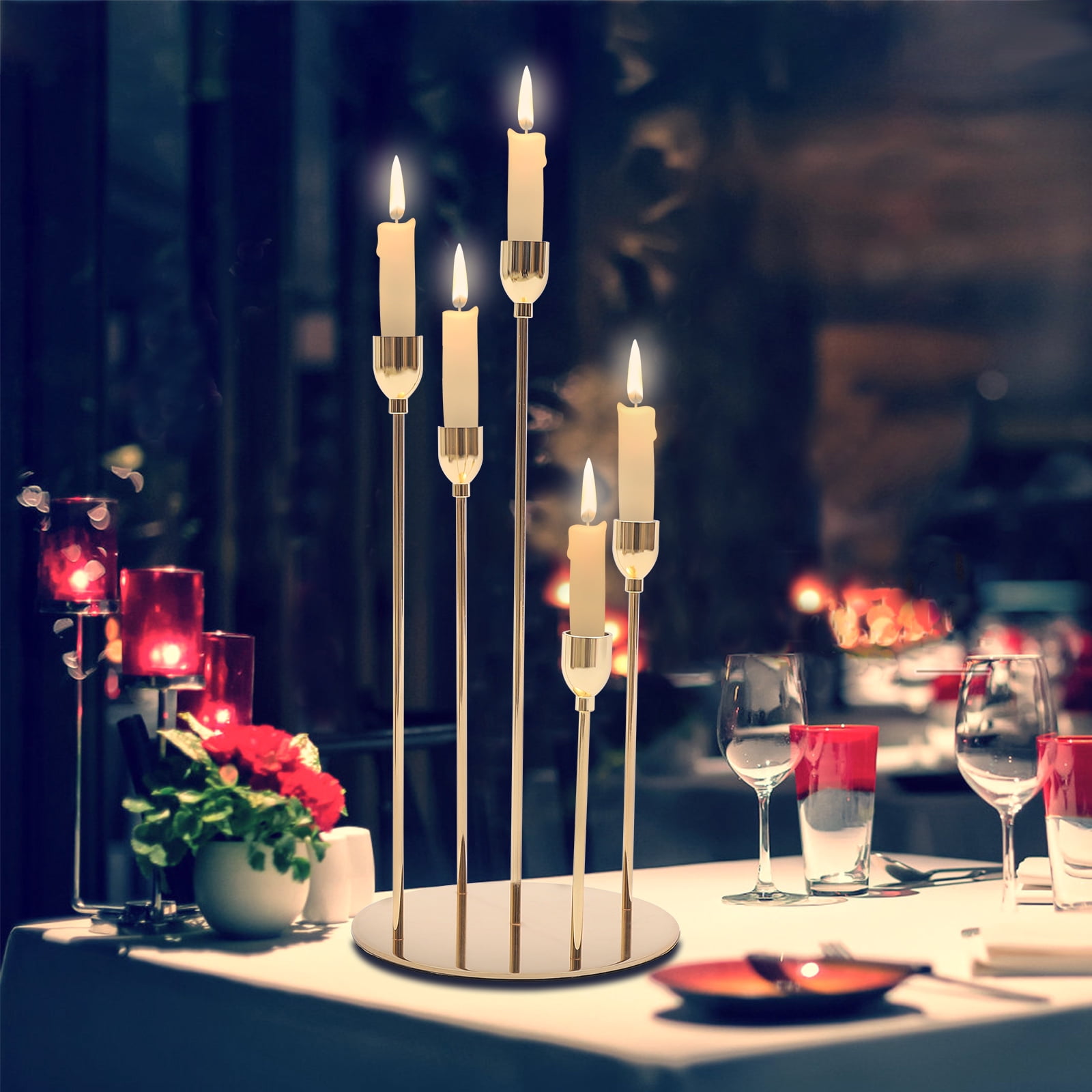 ANQIDI Gold Candle Holders 5 Arms Metal Taper Candlestick Holder w/7' Base for Wedding Chrismas Dinner Party Decor