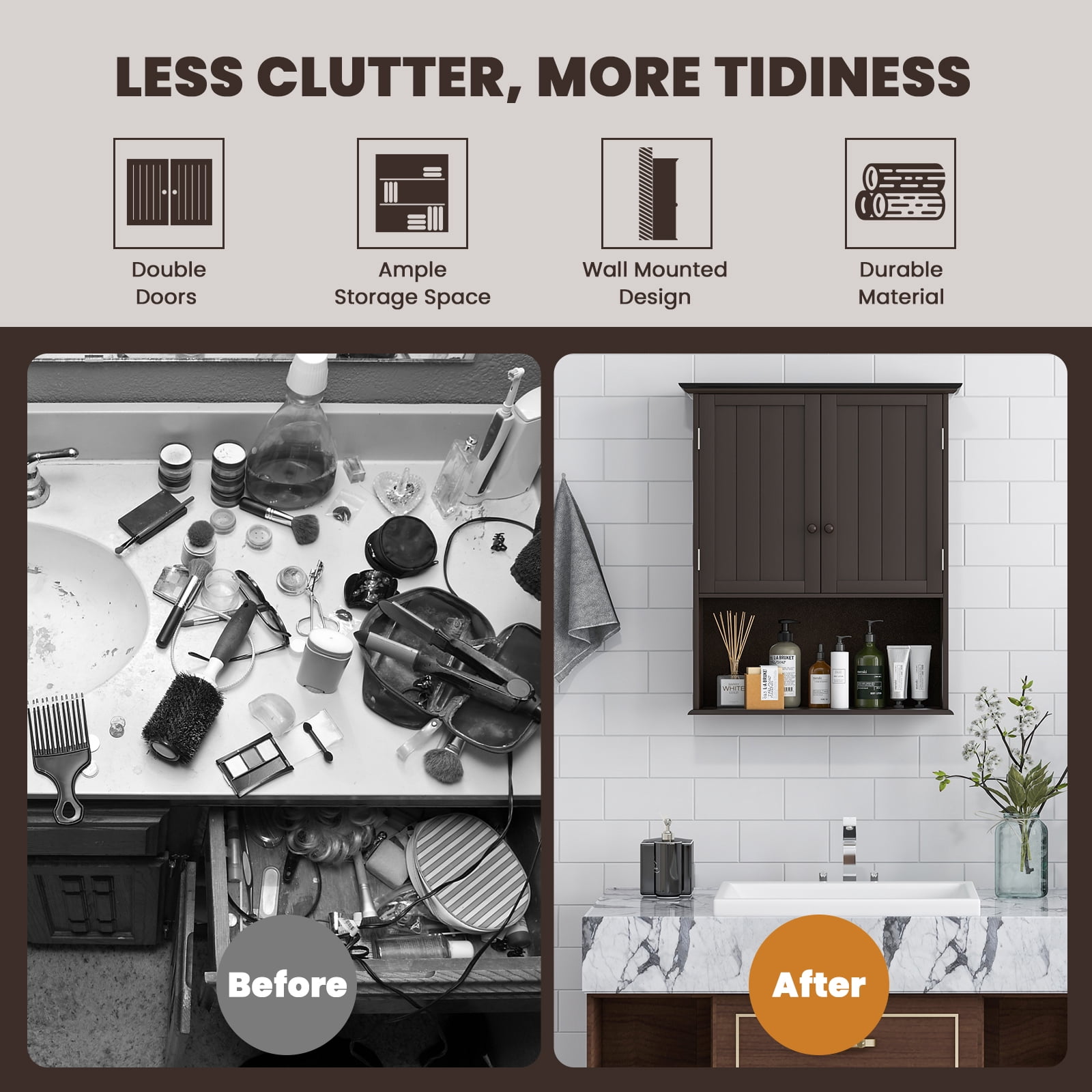 Topbuy Wall Mounted Bathroom Cabinet Double Door Medicine Cabinet Kitchen Cupboard w/ Open Compartment & Adjustable Shelf Espresso