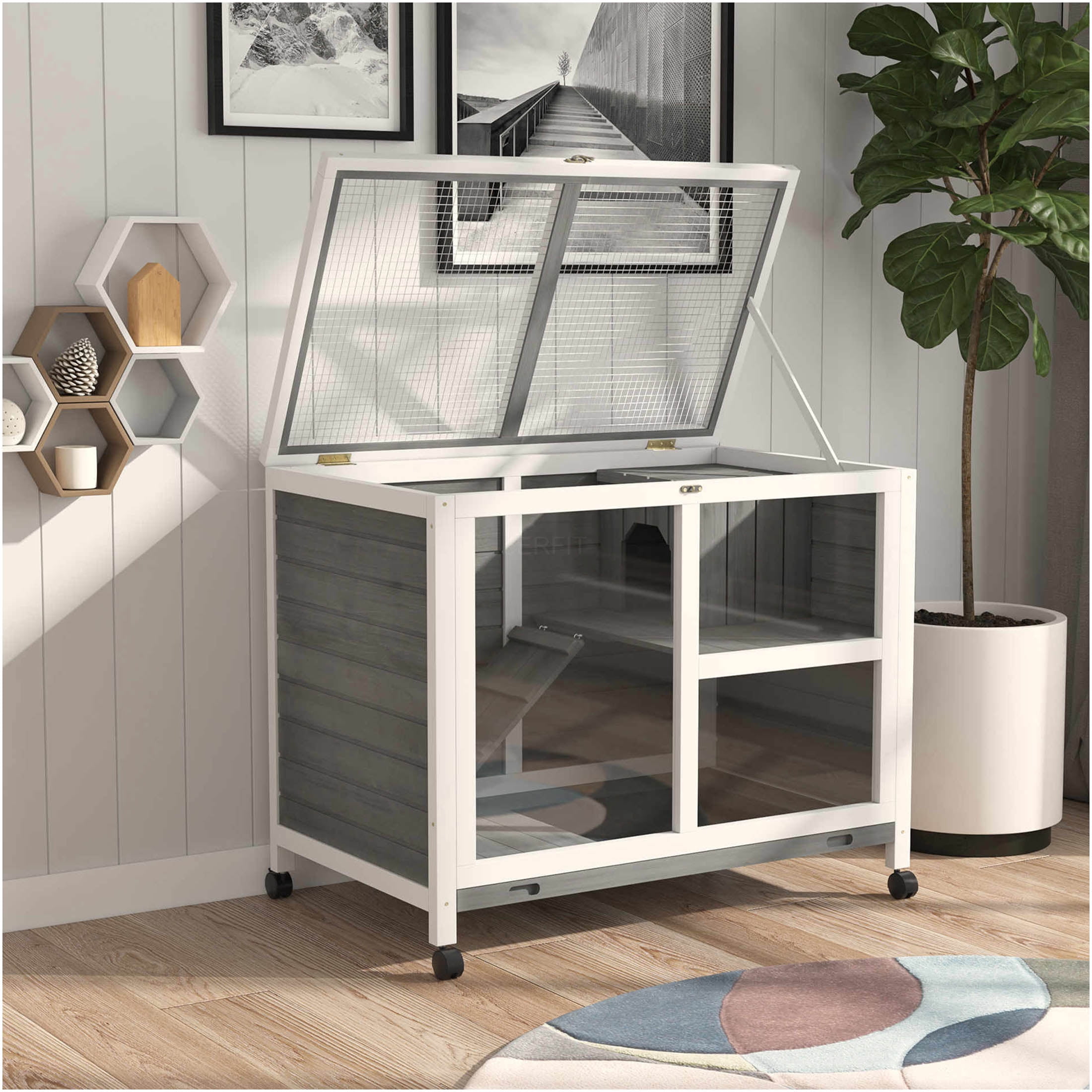 JERFIT 36" Rolling Rabbit Hutch with Wheels, Waterproof Wooden Bunny Cage Indoor, Portable Small Animal Home with Lockable Door & Leak-Proof Tray, Desk Side Table Size, Gray