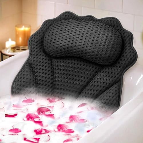 Bath Pillow  Ergonomic Luxury Bathtub Pillow with Head,Neck, Shoulder and Back Support, 4D Bath Pillows for tub with 6 Powerful Suction Cups, Fits All Bathtub, Spa Tub, Hot Jacuzzi (Black)