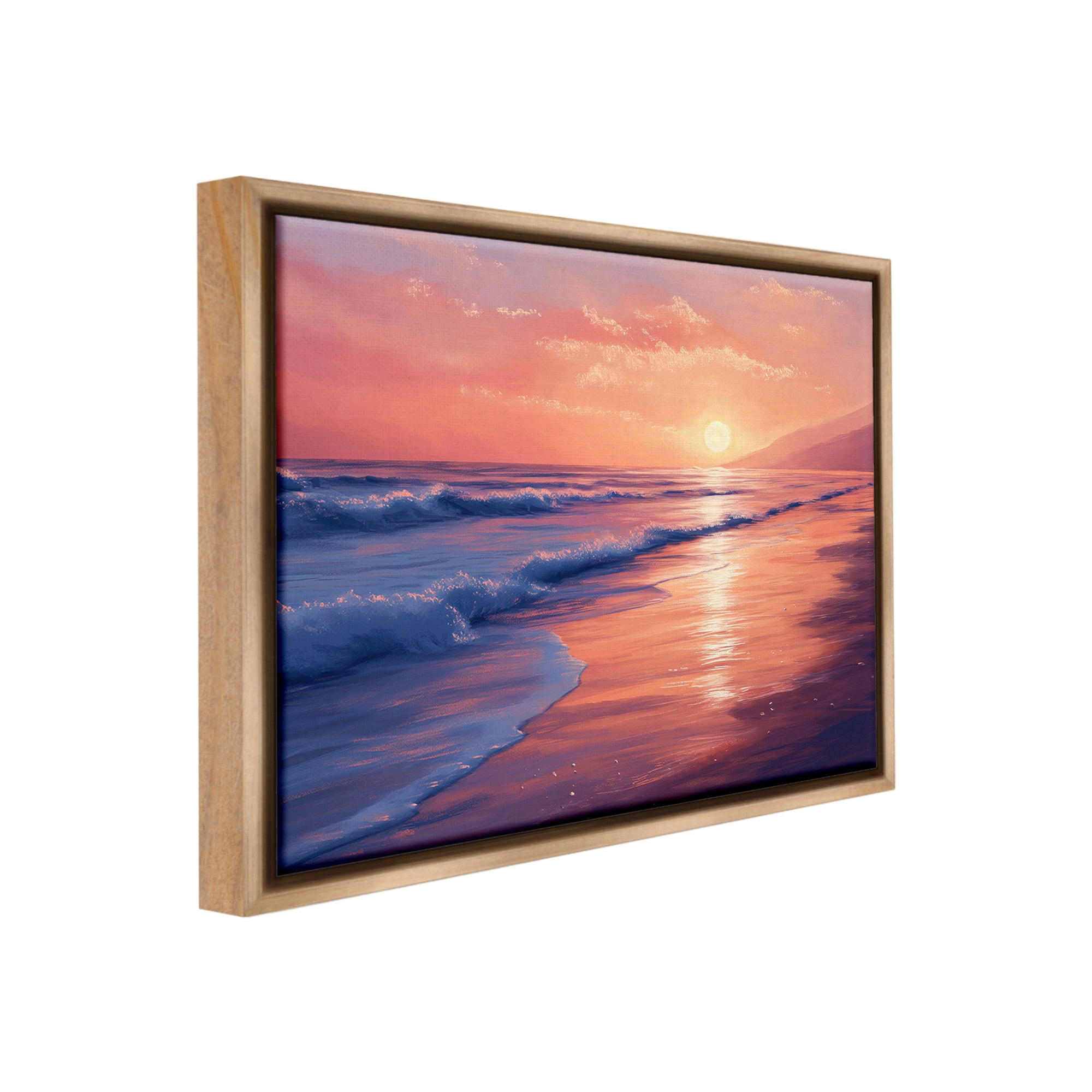 Stupell Industries Sunset over Beach Waves Landscape Photography Brown Floater Framed Canvas Art Print Wall Art, 21 x 17