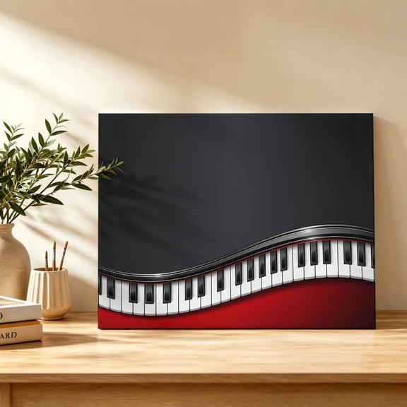 Piano Keyboard Canvas Wall Art, Retro Black Red Musical Notes Theme Wave Lines Wall Art Prints Artwork Framed Canvas Ready to Hang Art Pictures for Bathroom, Dressing Table, Entryway 12" x 8"