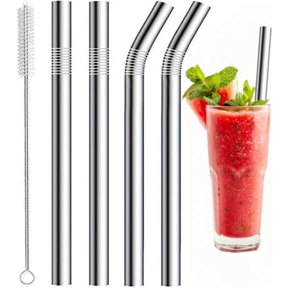 Stainless Steel Smoothie Straws, 0.4" Extra Wide Reusable Metal Straws for Boba & Milkshakes, Eco-Friendly Drinking Straws Set of 4 with Brush