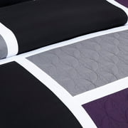 Chezmoi Collection 7-Piece Medallion Patchwork Comforter Set, King, Purple/Black/Gray