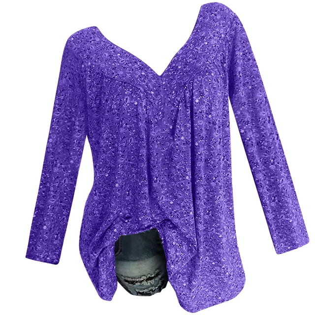 CLESALE Blouse à Manches Longues Col en V Imprimée pour Femmes Grande Taille, chandail-Over, Bleu Foncé 5TG
