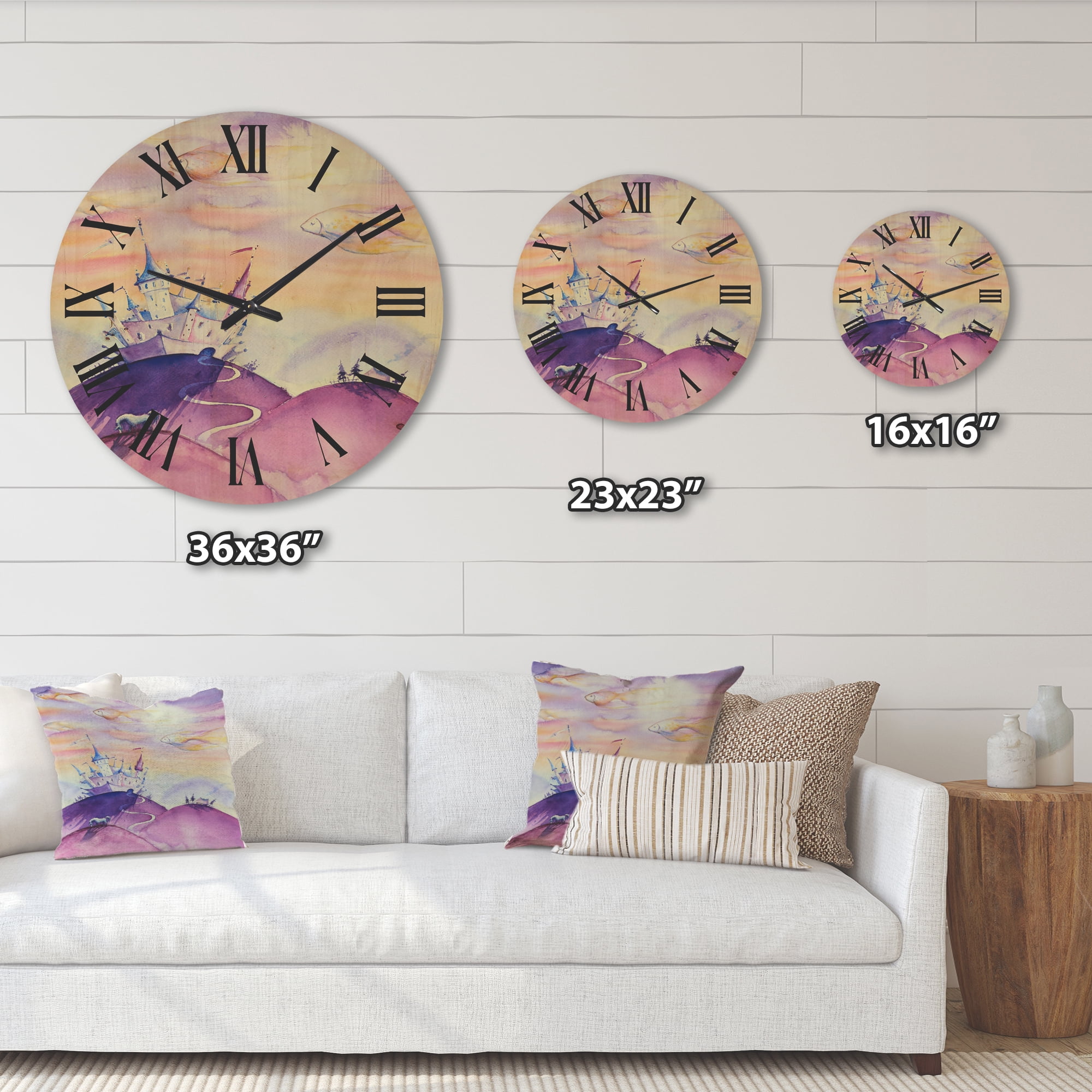 Designart 'Fairy Tale Kingdom Palace On Purple Mountain Top' Children's Art Wood Wall Clock