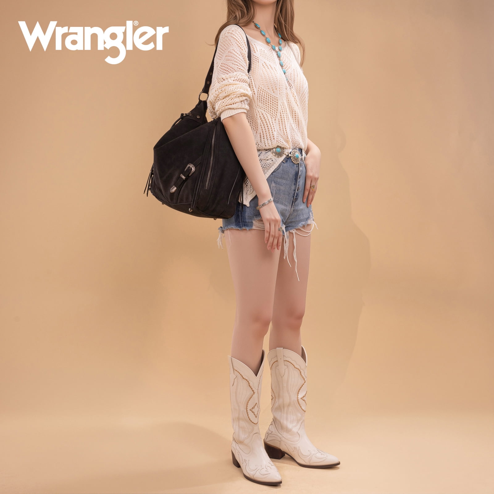 Wrangler Large Hobo Purses and Handbags for Women with Buckle and Fringe Zipper Faux Suede Shoulder Bag, Black