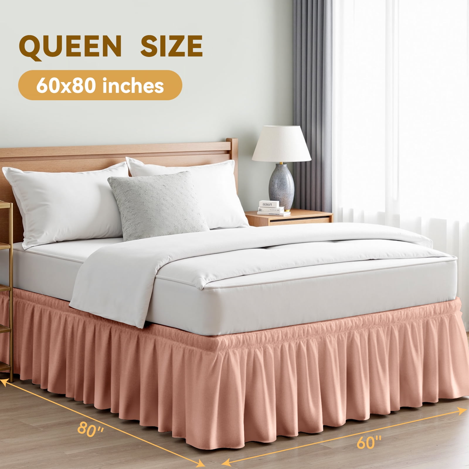 Lotus Root Pink Skirts, Wrap Around Dust Ruffle for Queen Beds, 15-inch Tailored Drop, Easy to Install and Clean