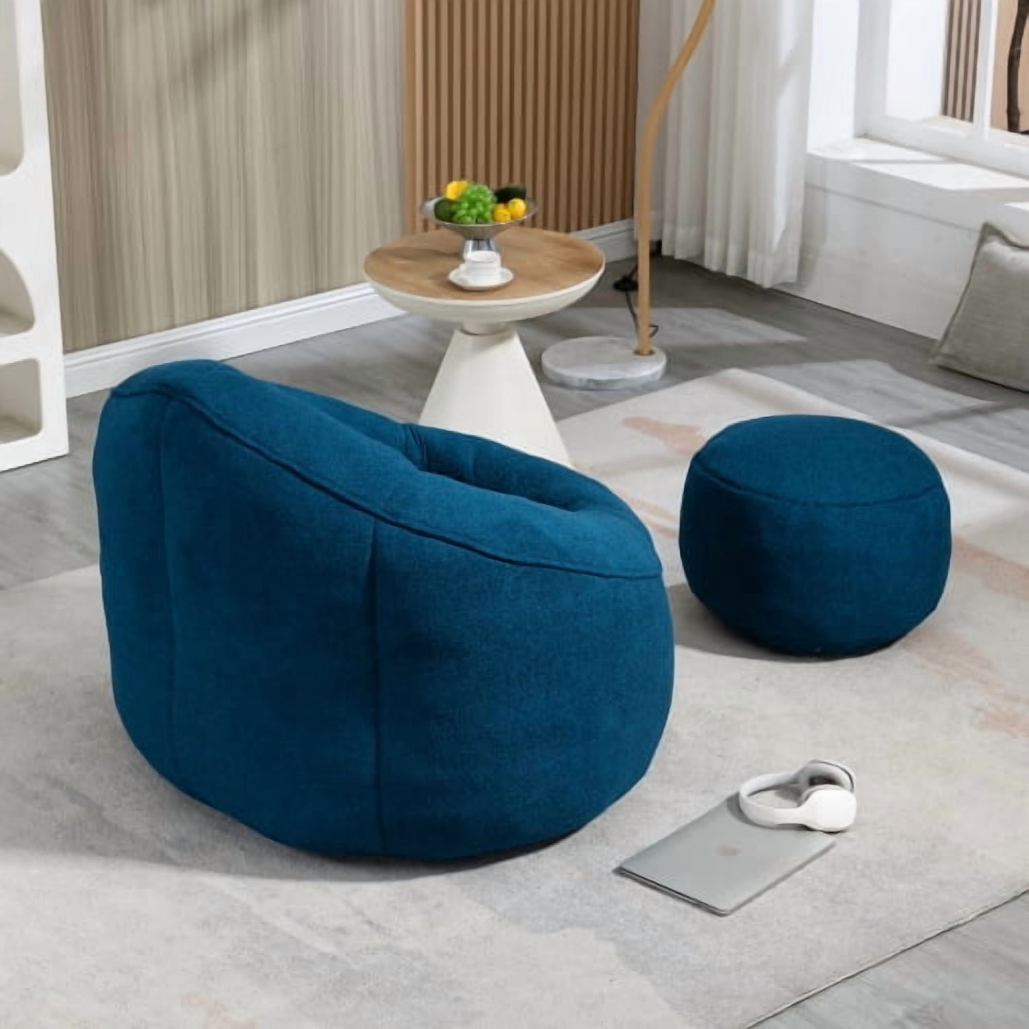 BSHTI 40"Bedding Bean Bag Sofa Chair,High Pressure Foam Bean Bag Chair,Adult Material with Padded Foam Padding Compressed Bean Bag With Footrest-Blue