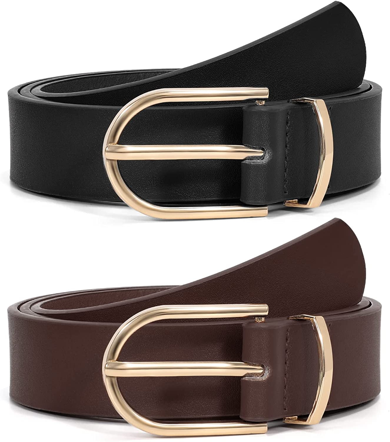 2 Pack Women's Leather Belts for Jeans Pants Fashion Gold Buckle