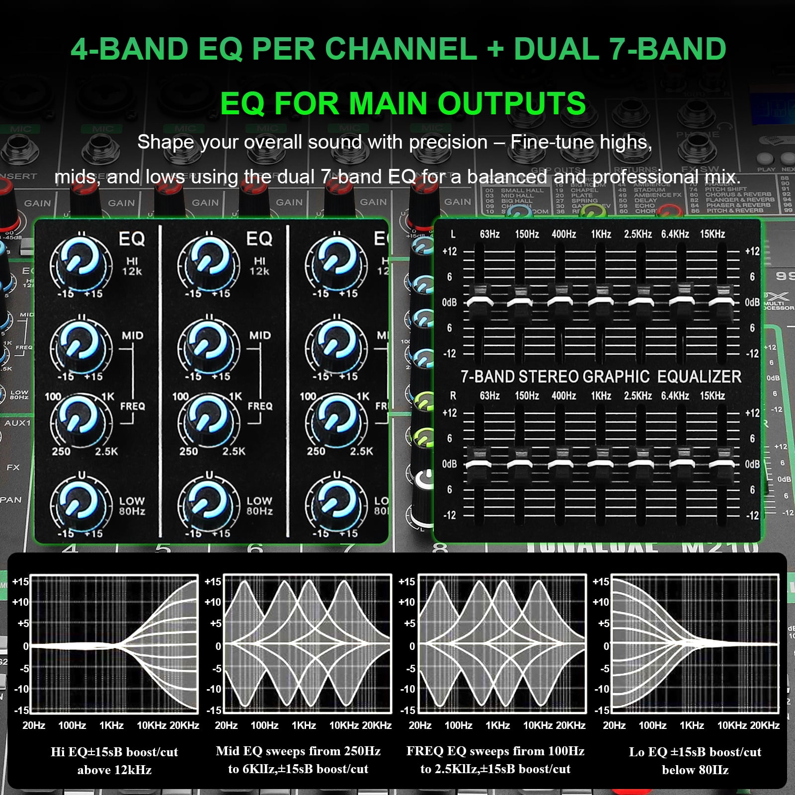 10 Channel Mixer Audio, Professional Music Sound PA Mixer DJ Mixing Board Console with 99 DSP Effects, Dual 7-Band EQ, Bluetooth, USB Interface, PAD, MUTE Button for Recording Stage Karaoke