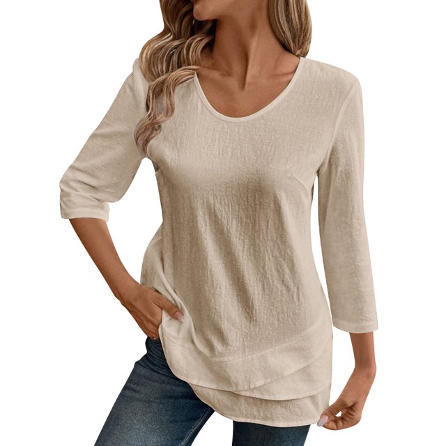 Enjoytime Hauts pour Femmes à Manches 3/4 Couleur Unie Col Rond Chandail Blouse Été Chic Décontracté Chemise de Travail