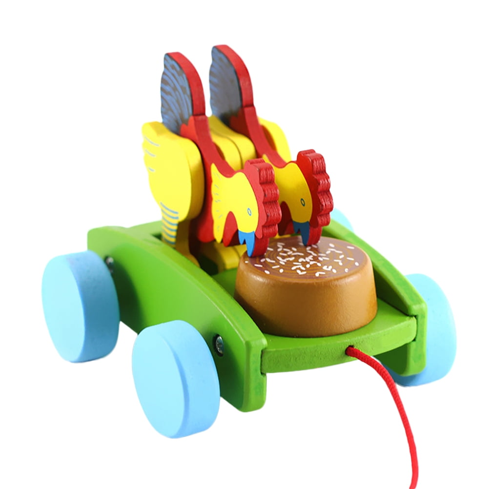 Baby Toddler Push Along Wooden Toys Rooster Duck with Egg Cart Push Toy CB 