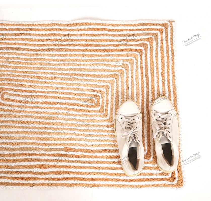 Rectangle Rug Natural Jute Rug Hand Braided Beige and White Color Scalloped Area Rug