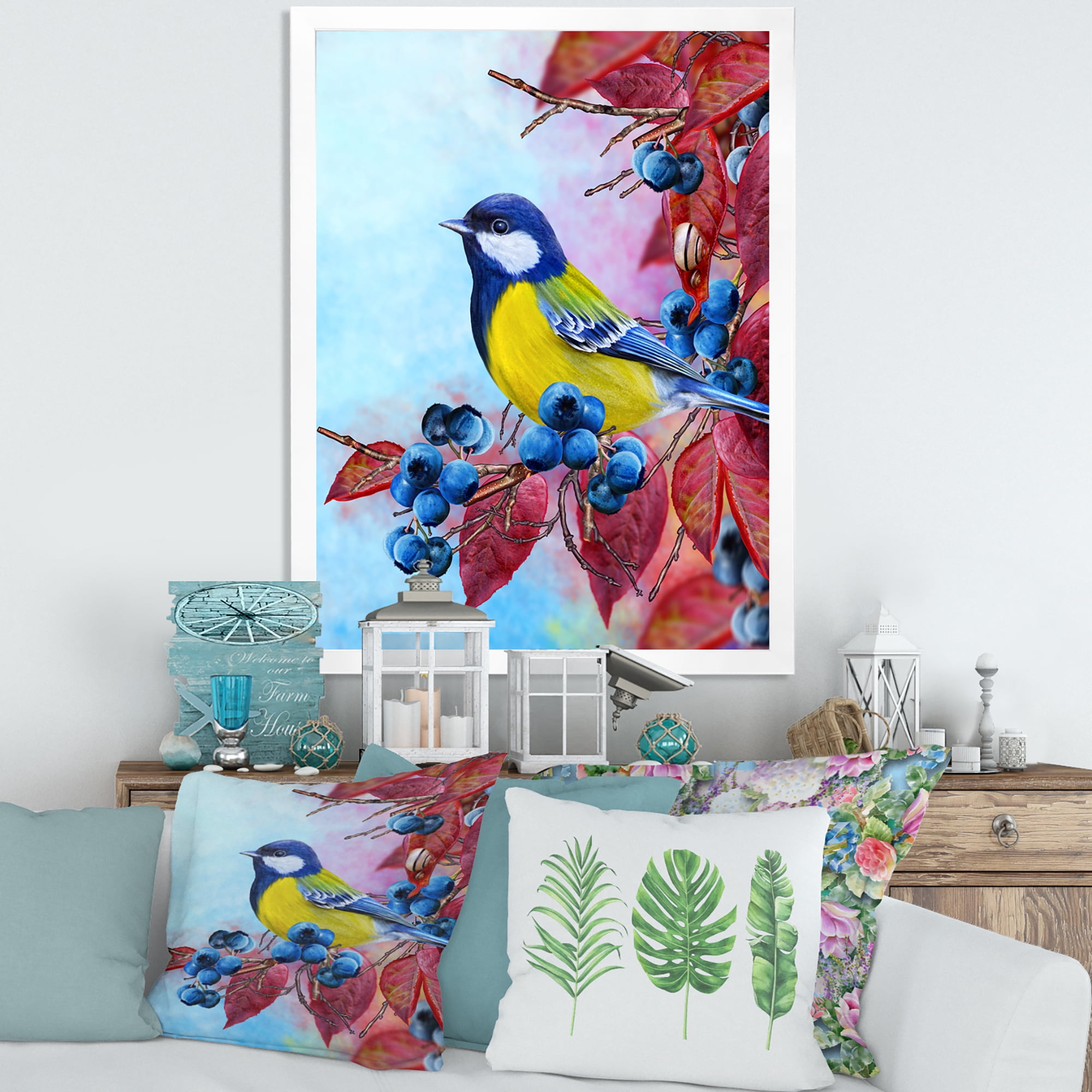 Designart 'Bright Bird Bullfinch Sitting On A Branch of Berries II' Traditional Framed Art Print