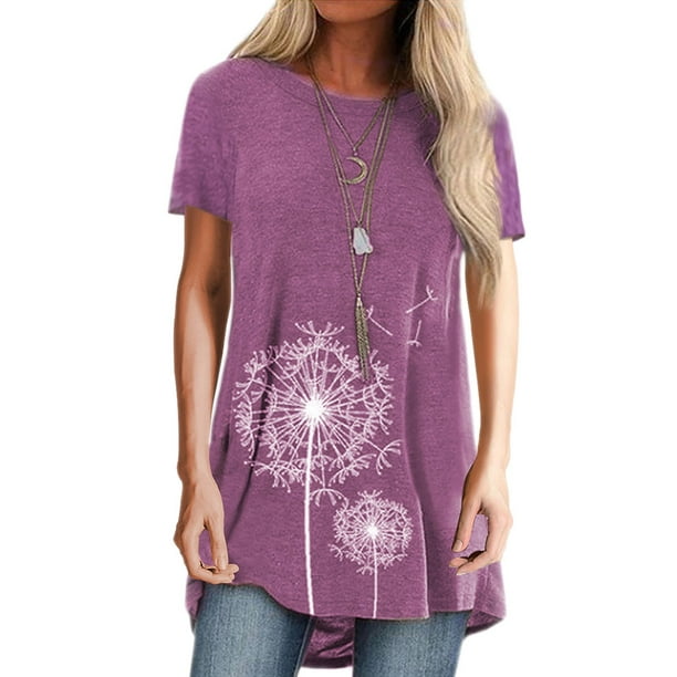 Nlife Women Dandelion Print Round Neck Short Sleeve Tee Shirt - Walmart.com