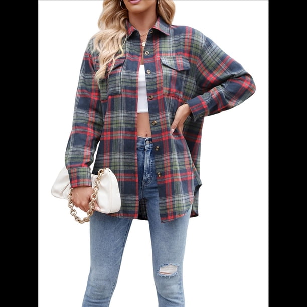 Camisas Clásicas de Franela A Cuadros con Botones para Mujer, Blusas Informales Extragrandes de Larga para Negocios. Azul Profundo XL