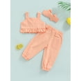 thumbnail image 4 of Seyurigaoka 3Pcs Kids Girls Summer Casual Suit, Solid Color Sleeveless Ruffled Sling Tops + Pockets Long Pants + Headband, 4 of 9