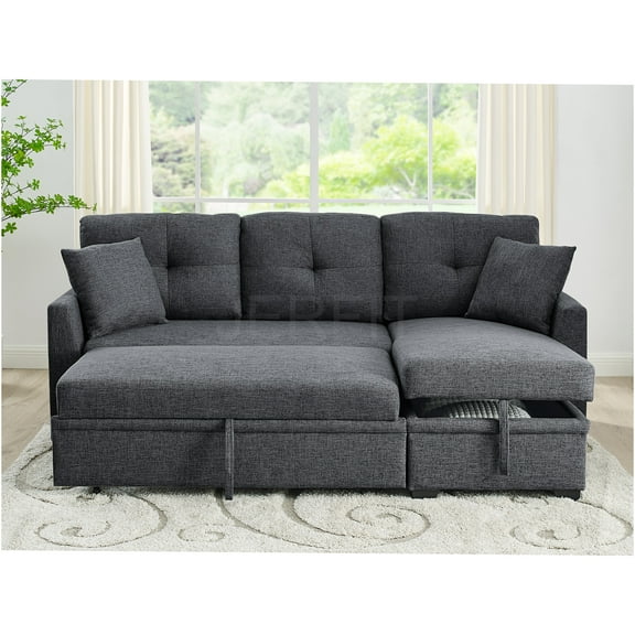 JERFIT 3-Seater Modular Convertible Sofa Bed with Storage, L-Shaped Sectional Sleeper, Gray Polyester Fabric for Small Spaces
