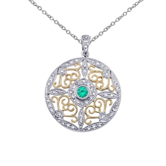 14k Two-Tone Gold Emerald and Diamond Round Filigree Pendant with 18" Chain
