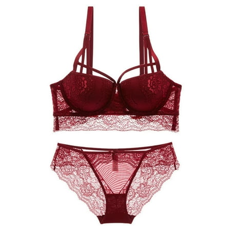 

CHOMOEN Womens Strappy Push Up 3/4 Cup Bra 3 Hooks Low Waist See Through Briefs Set Soli