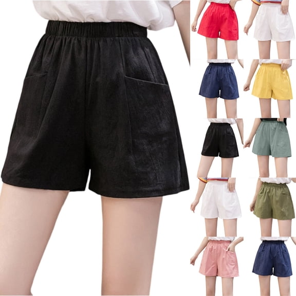 HAJWOH Girls Athletic Linen Shorts Loose Hiking Cargo Pants Streetwear Casual Elastic Waist Bermuda Shorts