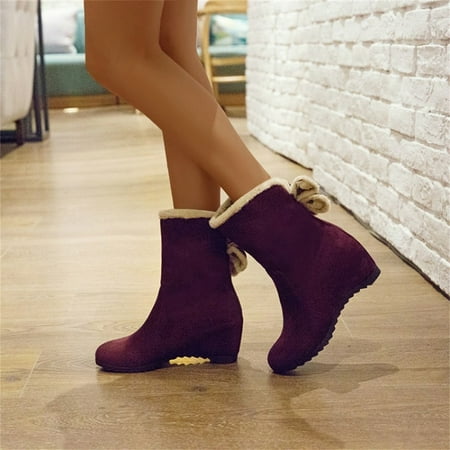 

Christmas Ladies Fashion Solid Color Suede Bow Short Boots Plus Velvet Warm Wedge Heel Cotton Boots