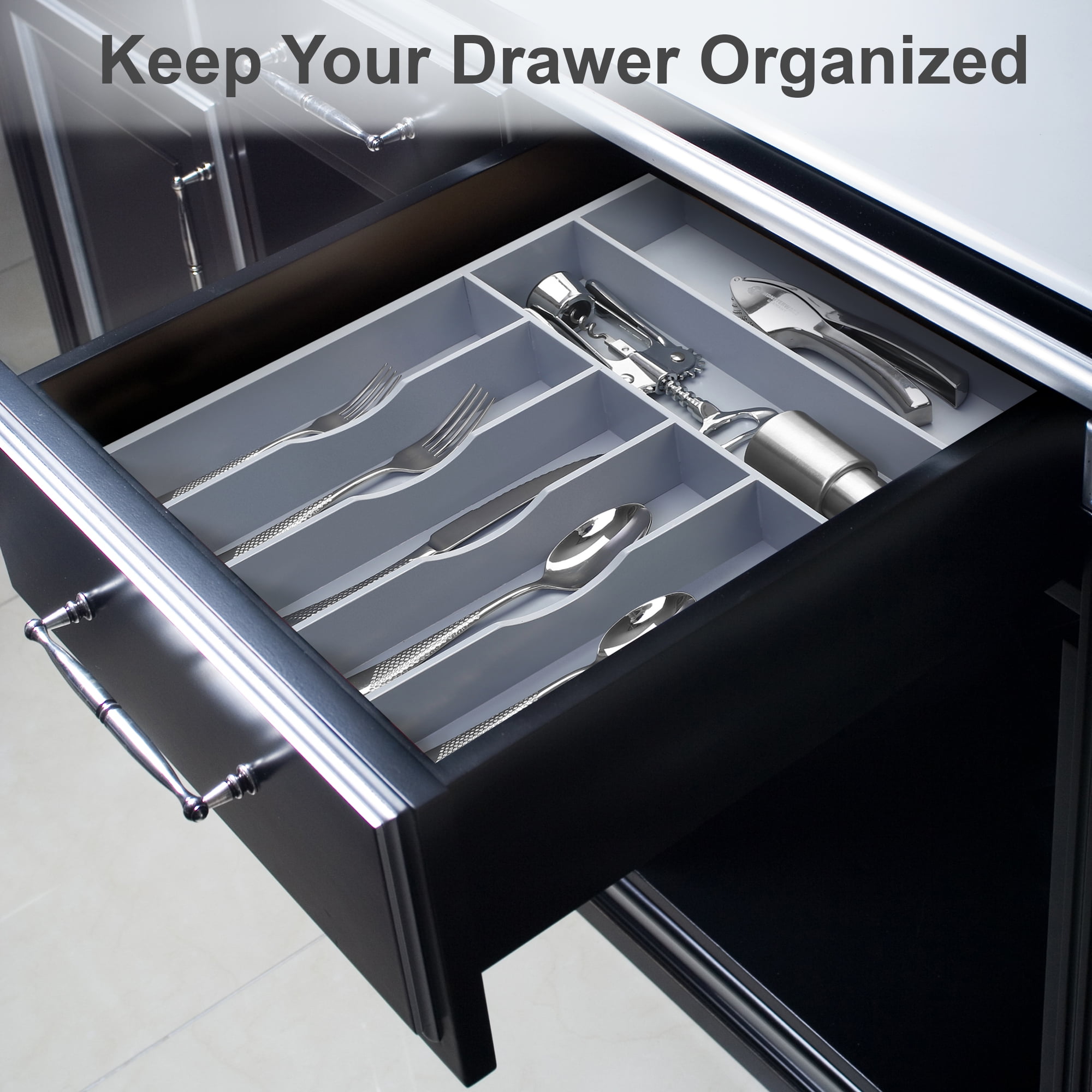 Bamboo Kitchen Drawer Organizer - Silverware Organizer/Utensil Holder and Cutlery Tray (Gray)