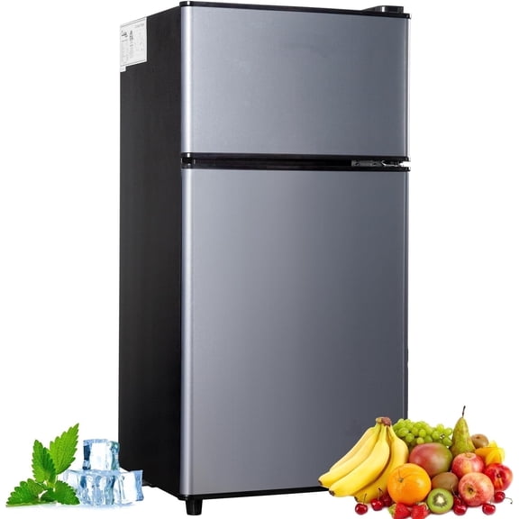 GGTB 2.5 Cu.ft Compact Double Door Mini Refrigerators with Top Freezer, 7-Level Temperature Control for Dorm Bedroom Office, Silver