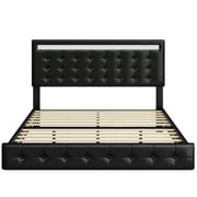Homfa Queen Floating Bed with Lights, LED Platform Bed Frame with Under Bed Storage, PU Leather Adjustable Tufted Upholstered Bed, Black