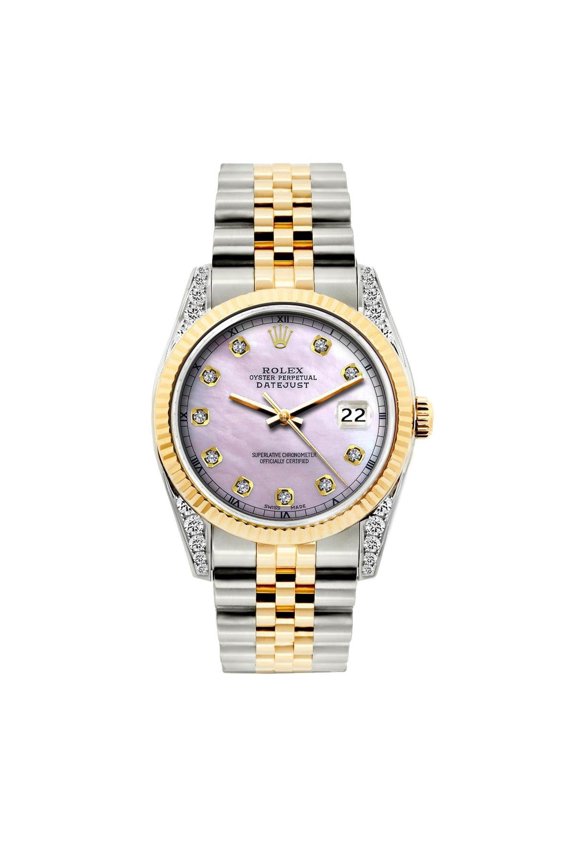 Pre-Owned Rolex Datejust 36MM 16233 Pink Mother of Pearl Diamond Dial Fluted Bezel Two Tone Yellow Gold Jubilee Bracelet
